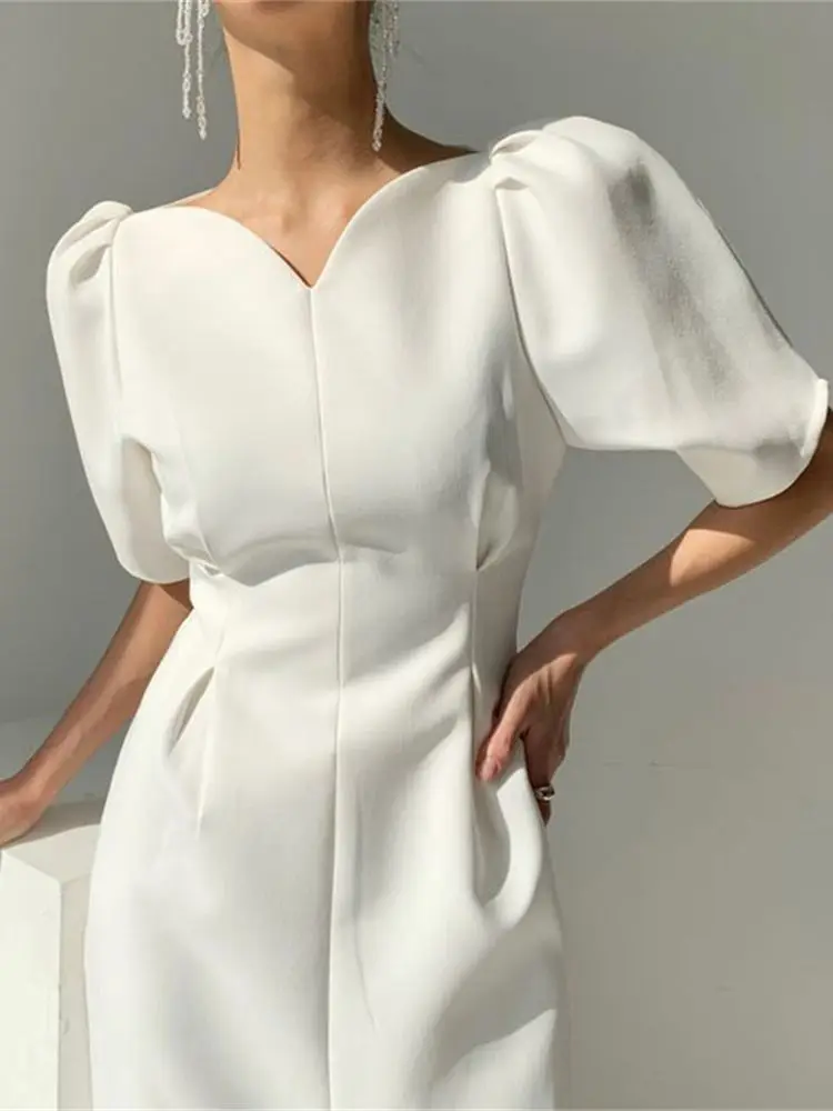 Elegant Women Short Puff Sleeve Summer Dress 2022 Korea Style Office Lady One Piece Slim Waist Female Fashion Clothes Vestdios