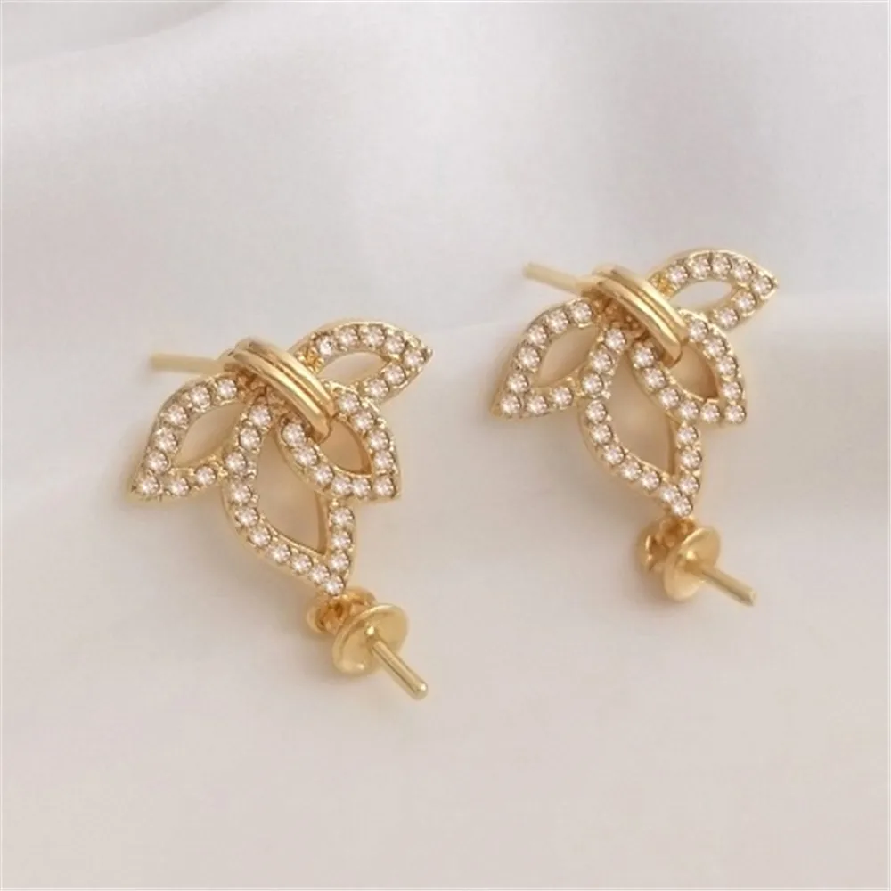 14K Gold Inlaid Zirconium Fashionable Leaf Flower Shaped Hanging Bead Earrings 925 Silver Needle DIY Pearl Earring Accessories 14k gold encrusted zirconium five petal flower pearl empty support ear studs 925 silver needle diy handmade flower material