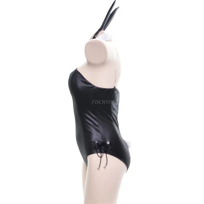 Sexy Bunny Girl Costume - Faux Leather Bodysuit with Tie Headband Set