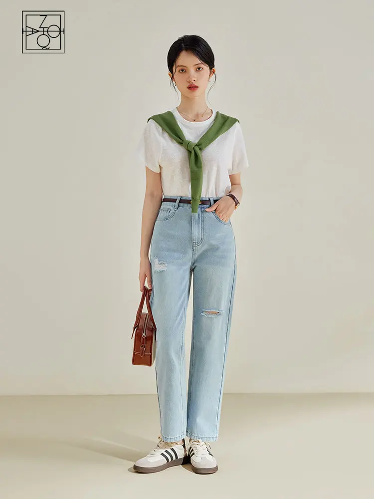 

ZIQIAO High Street Style Women's Jeans Summer New High-waist Straight Pants Light-colored Nine-point Ripped Jeans Female