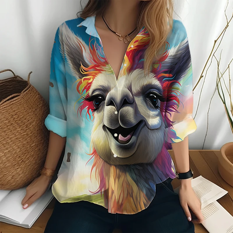 

Interesting Alpaca 3D Printed Long Sleeve Shirt Loose Casual Shirt Spring and Autumn New Shirt Women's Fashion Button Shirt