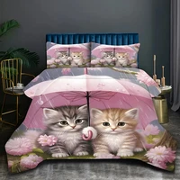 Ensemble de housse de couette chat mignon 3 pièces, housse de couette imprimée numérique 3D, ensemble de literie doux et confortable et respirant pour chambre à coucher, dortoir 6