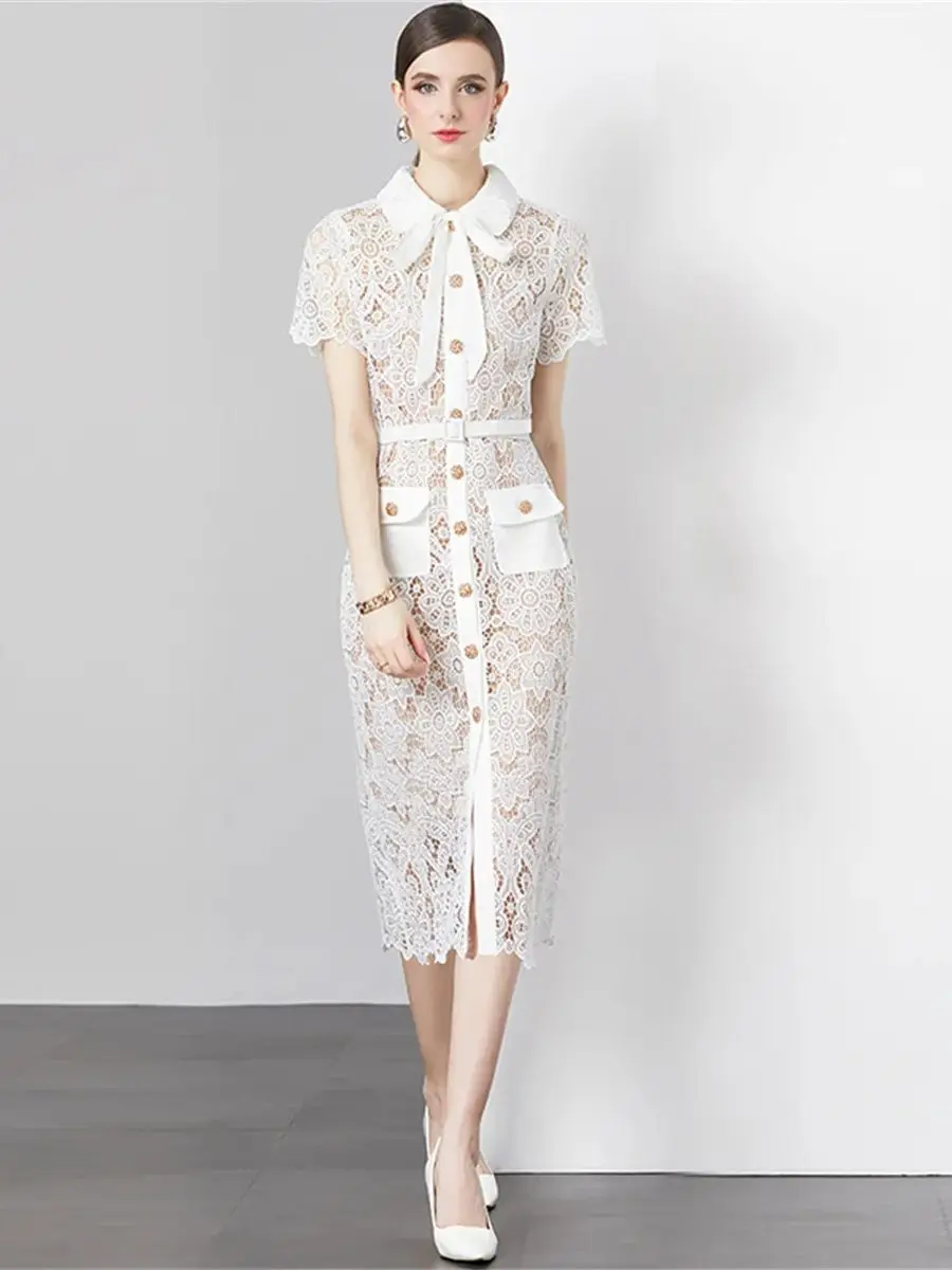 American Vintage Embroidery Lace White Dress Women's Lapel