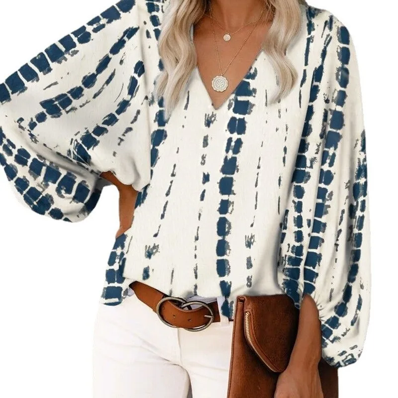 

2023 Spring and Autumn Fashion Comfortable Women's Summer V-neck Shirt Printed Lantern Sleeve Women's Top