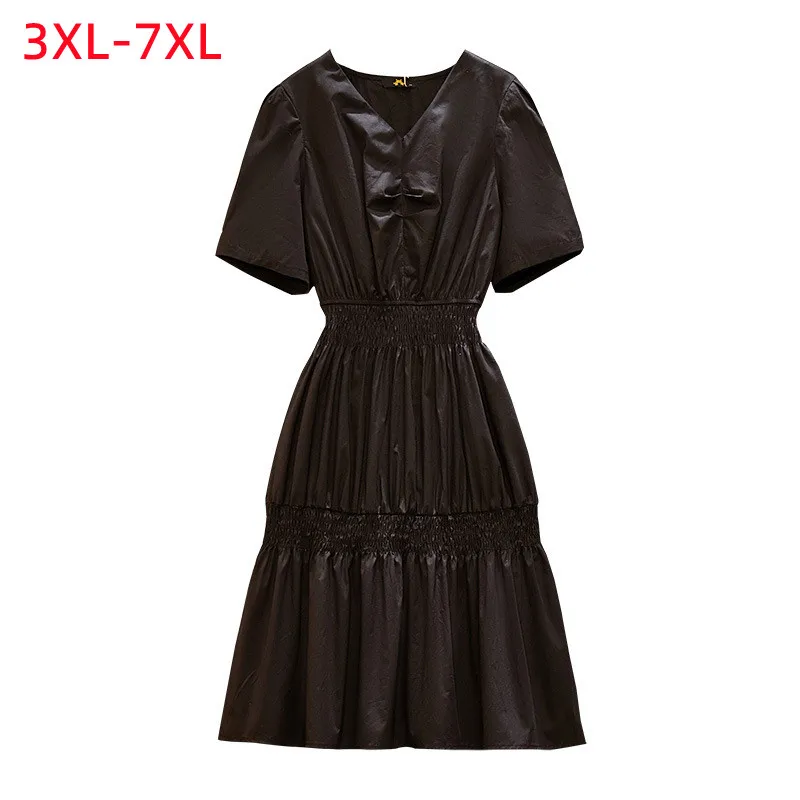 

Женское хлопковое платье с оборками, черное свободное платье большого размера с коротким рукавом и V-образным вырезом, размеры 3XL, 4XL, 5XL, 6XL, 7XL, Новинка лета 2022