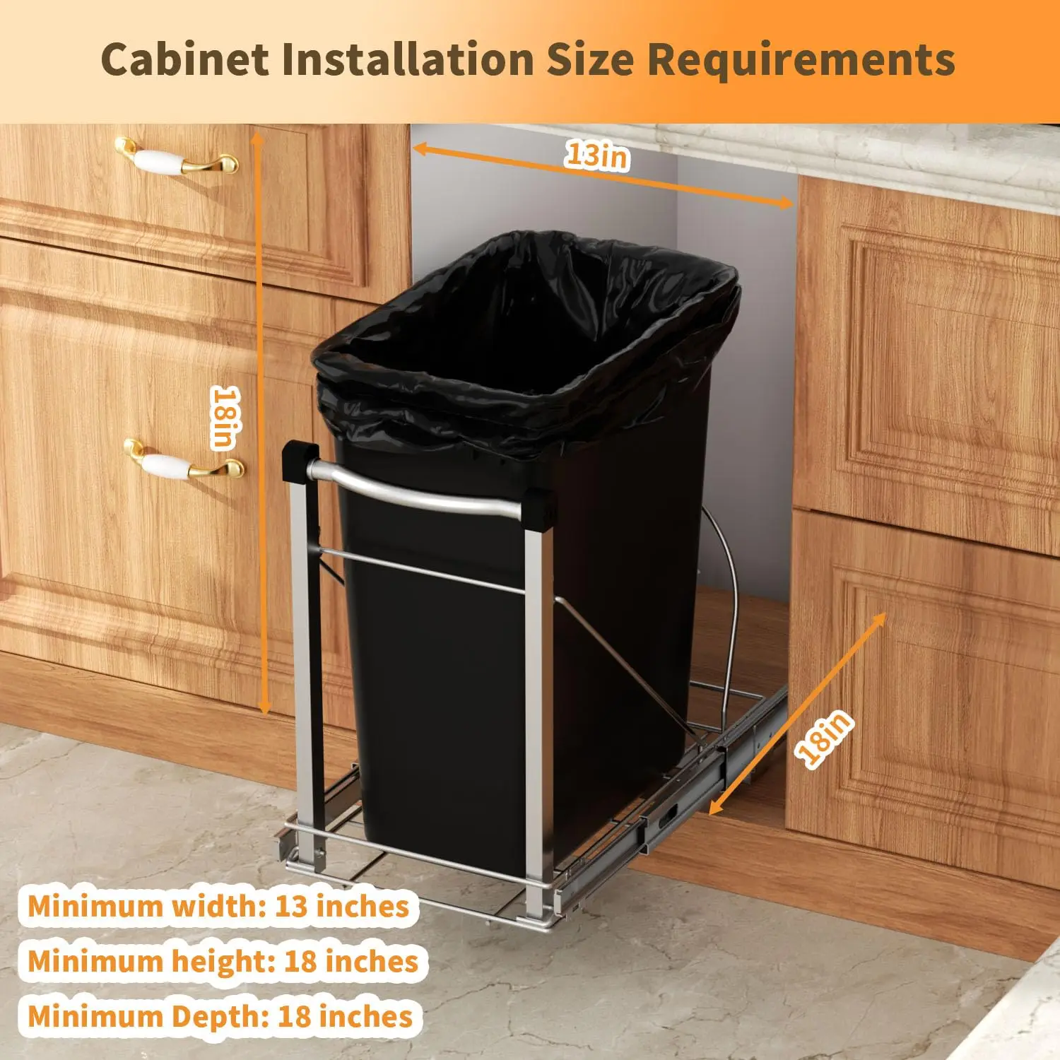Pull Out Trash Can Under Cabinet with Soft Close Rail,Under Sink Trash Can Roll Out Organizer,Chrome Adjustable Under Cabinet