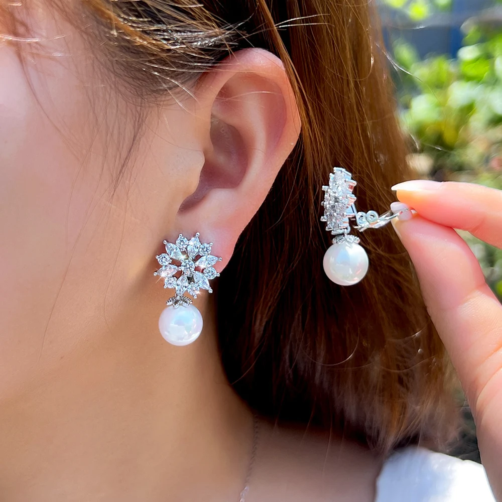 Ear Clip Earrings Clip Earrings Ear Clip Ear Accessories CWWZircons Elegant Cubic Zirconia Flower Pearl No Hole Earrings for Women Fashion Jewelry Ear Clip On Non Pierced Earring EJ0006