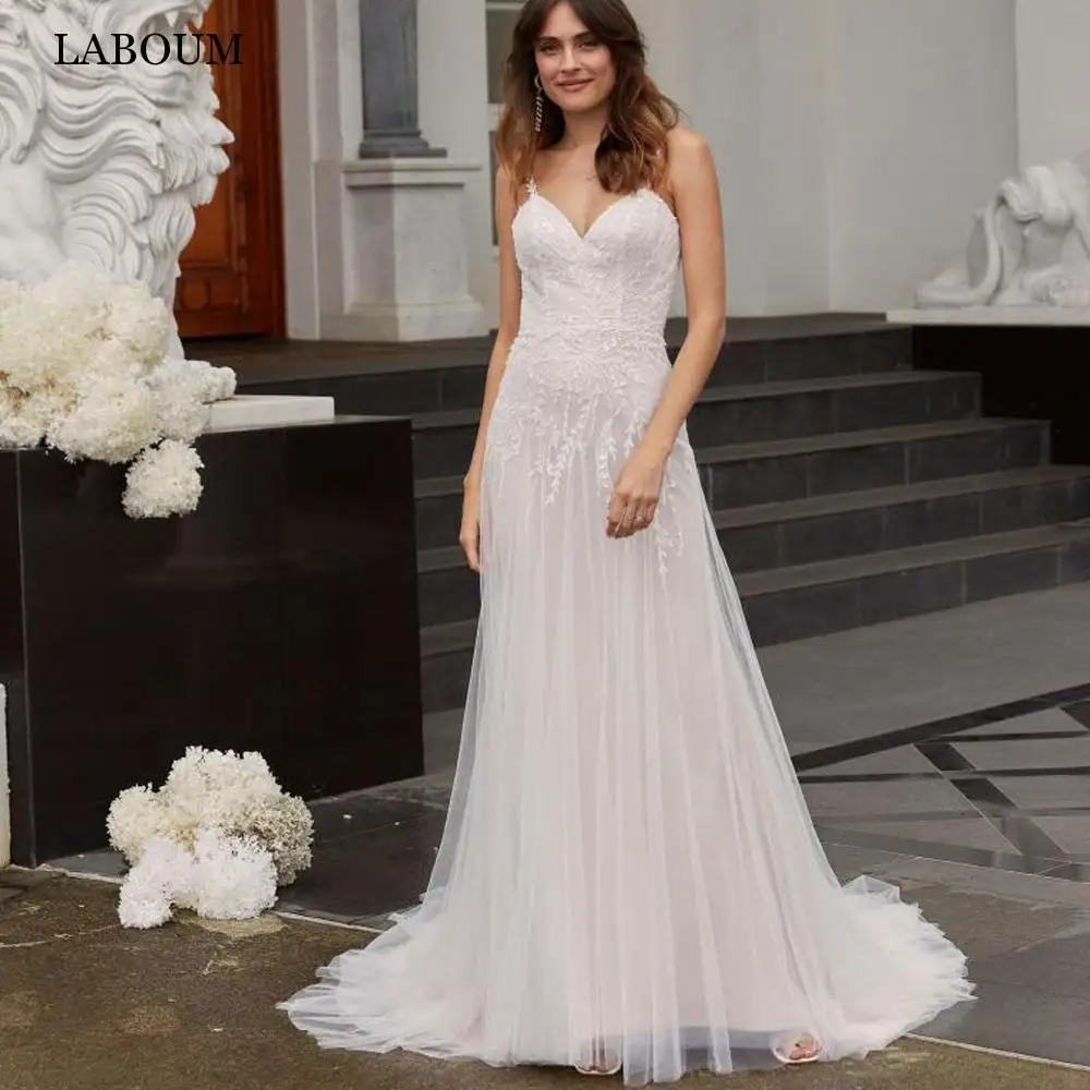 

LaBoum Vintage V-Neck Tulle Wedding Dresses For Women Beach Lace Appliques Bridal Gowns Sleeveless Vestido De Novia Custom Made