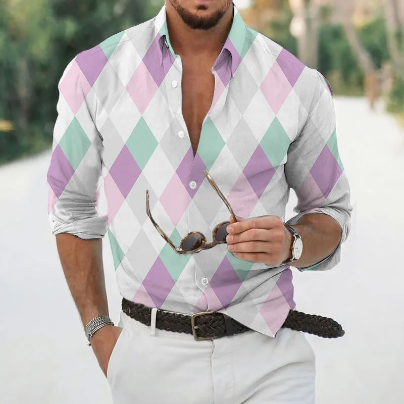 

3d Argyle Shirts For Men'S Casual Loose Button Shirt Large Long Sleeve Shirt Long Sleeve Spring Autumn European American Style