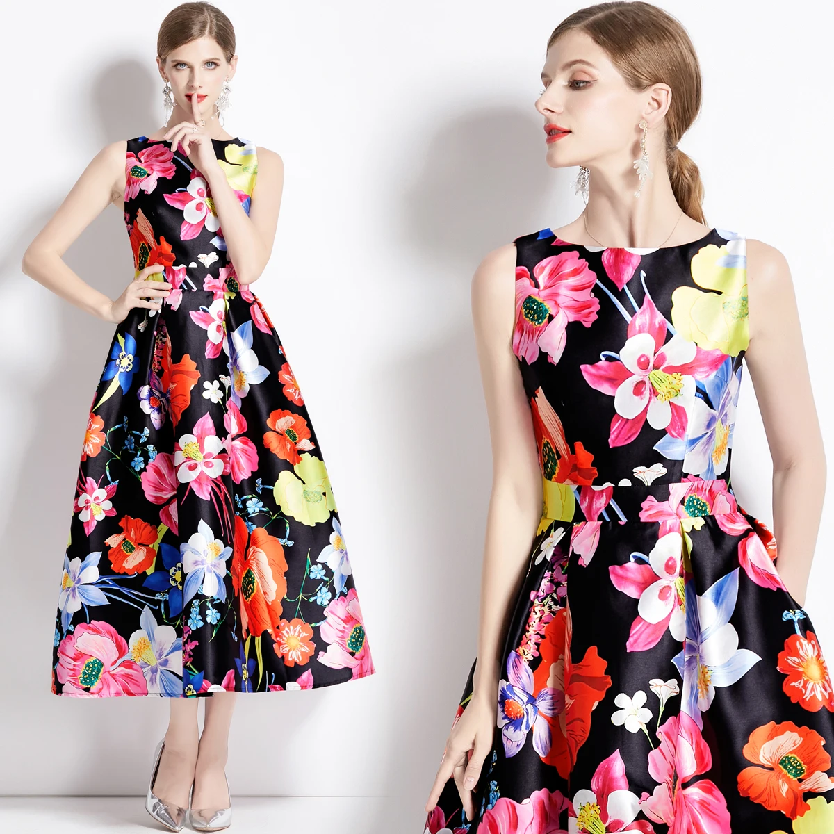 

Sleeveless high waisted dress with three-dimensional cut and waisted A-line skirt HL9084078