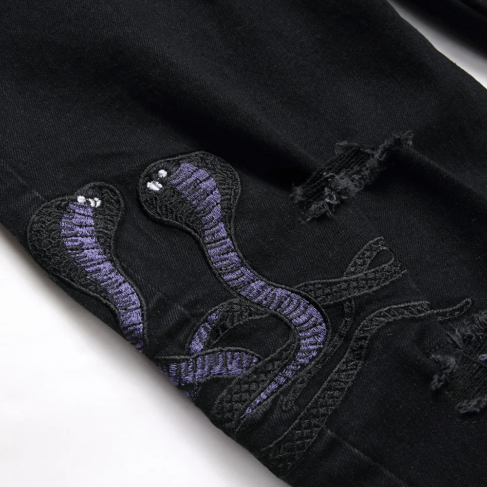 Men Snake Embroidery Jeans Streetwear Black Stretch Denim Pants Holes Ripped Distressed Slim Straight Trousers 4