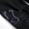 Men Snake Embroidery Jeans Streetwear Black Stretch Denim Pants Holes Ripped Distressed Slim Straight Trousers 4