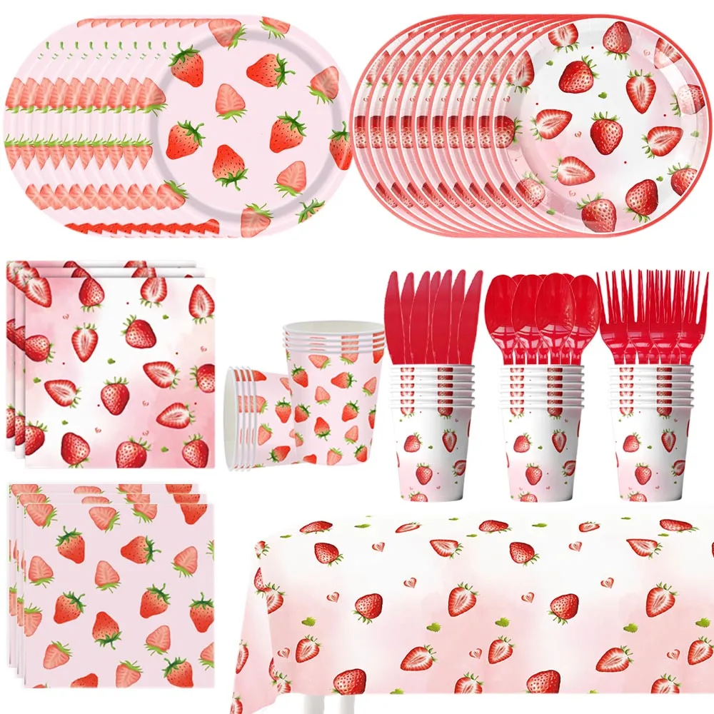 41 PCS Strawberry Party Supplies Set - Plates, Napkins & Tablecloth For Birthday & Baby Shower