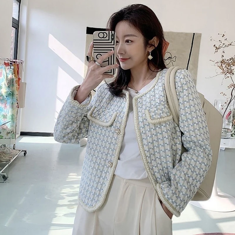 Korean Houndstooh Tweed Jacket Women Elegant Long Sleeve Basic Coat All-Match Single Breasted Cropped Outwear Casual Jacket S-Xl