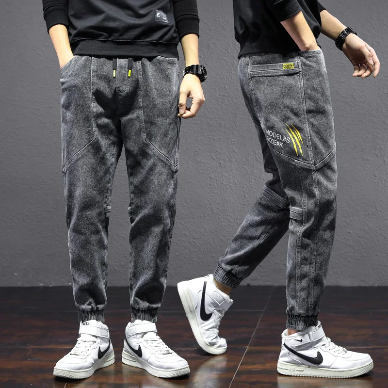 Jeans Men Summer Loose Embroidered Feet Harlan Casual Bundle Long Pants Trendy Brand Thin High Elastic Boys Match Stitching 2023