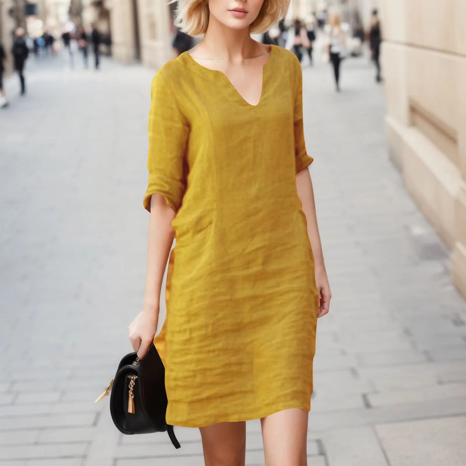 

Casual Summer Solid Color Mini Dress For Women V-Neck Half Sleeve Dresses Ladies Fashion Loose Fit Dresses Female Clothing