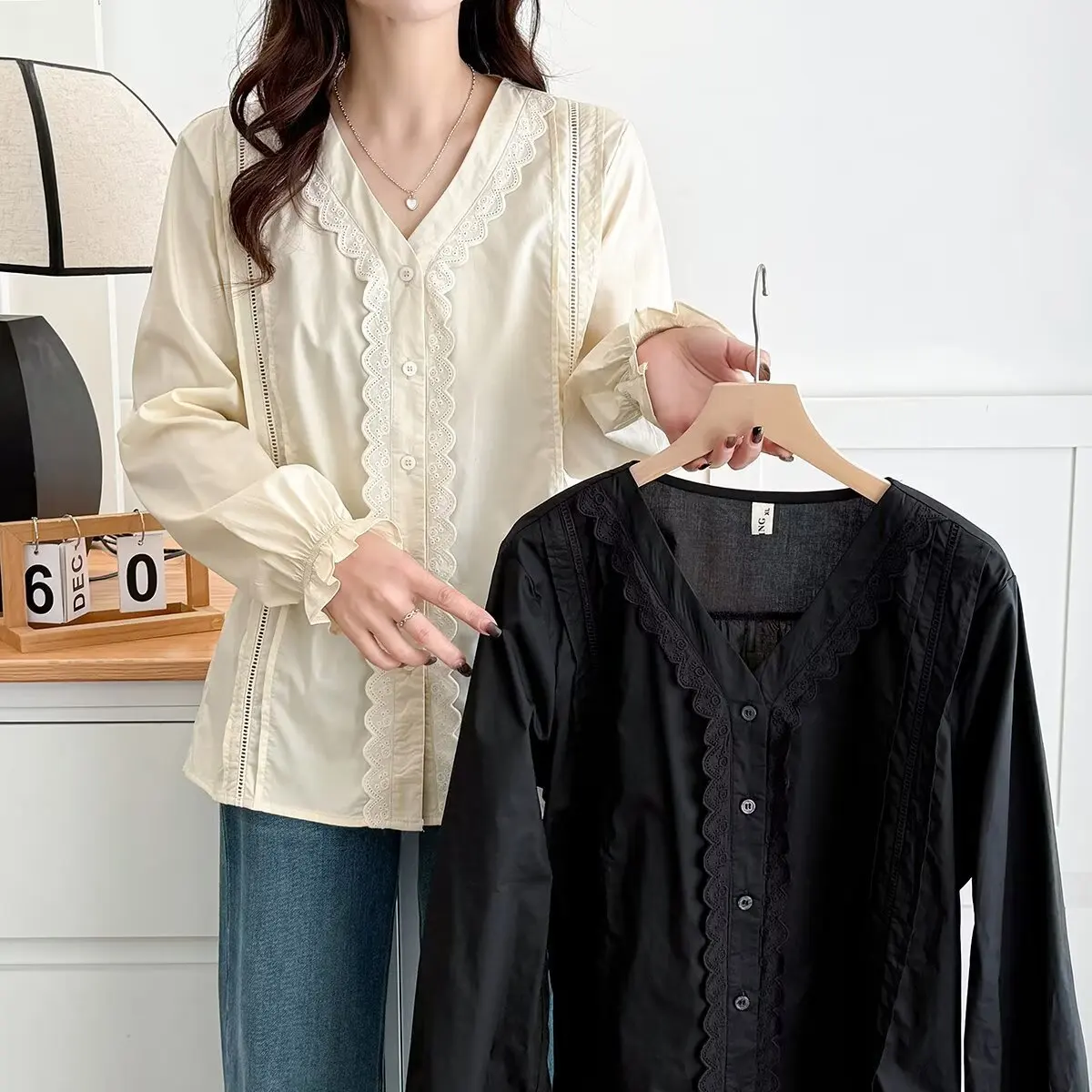 XXXXL Fashion Plus Size Women's Shirt 2025 Autumn Stylish V-neck Ruffle Hollow Out Long Sleeved Cotton Blouses 8083