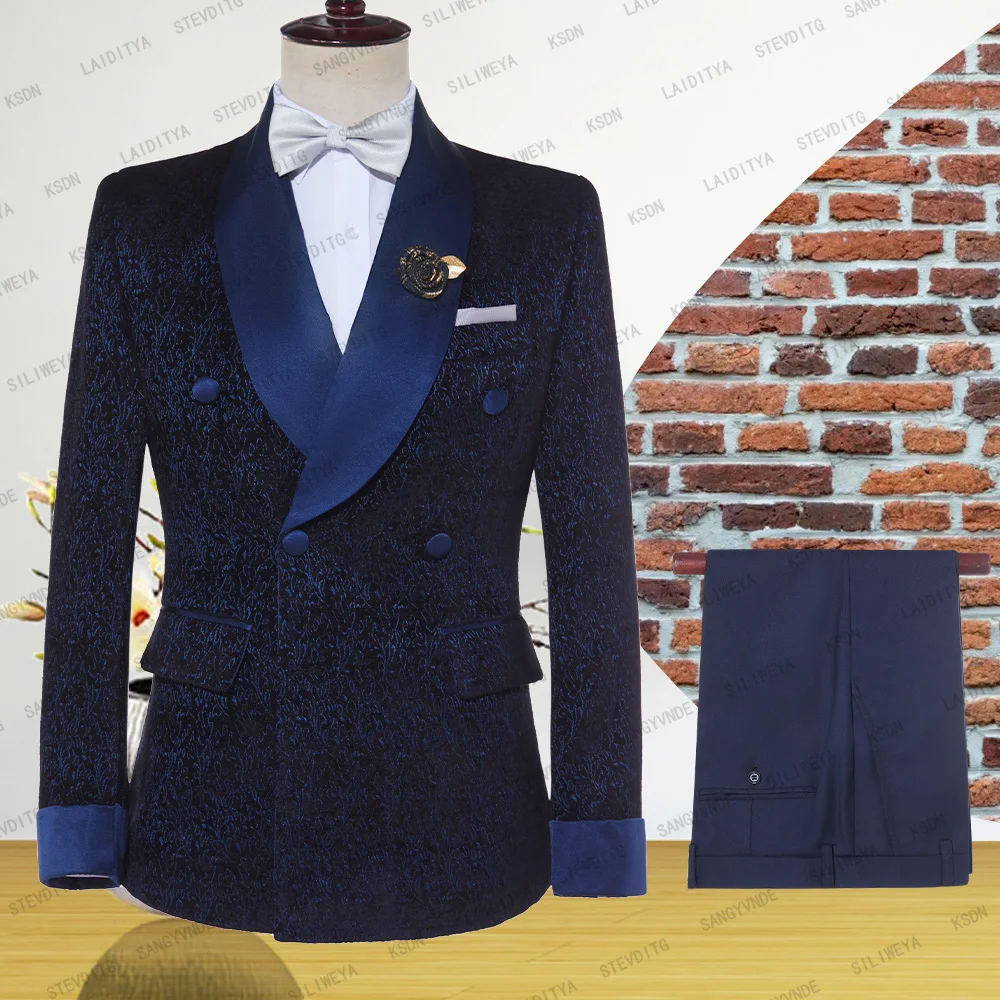 

Tailor-Made Men Suit 2 Pieces Classic Navy Blue Jacquard Wedding Suit for Men 2024 Slim Fit Groom Tuxedos Costume Mariage Homme