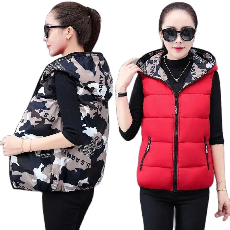 

Fashion Double Reversible Hooded Cotton Vest Female Women's Cotton Coat New 2023 Thicken Warm Sleeveless Autumn Winter Jacket