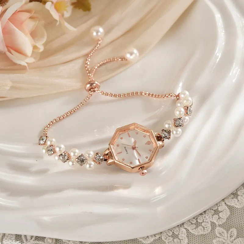 2025 Vintage Pearl Bracelet Women's Quartz Watch Luxury Gold Color Small Square Dial Ladies Wristwatch Gift