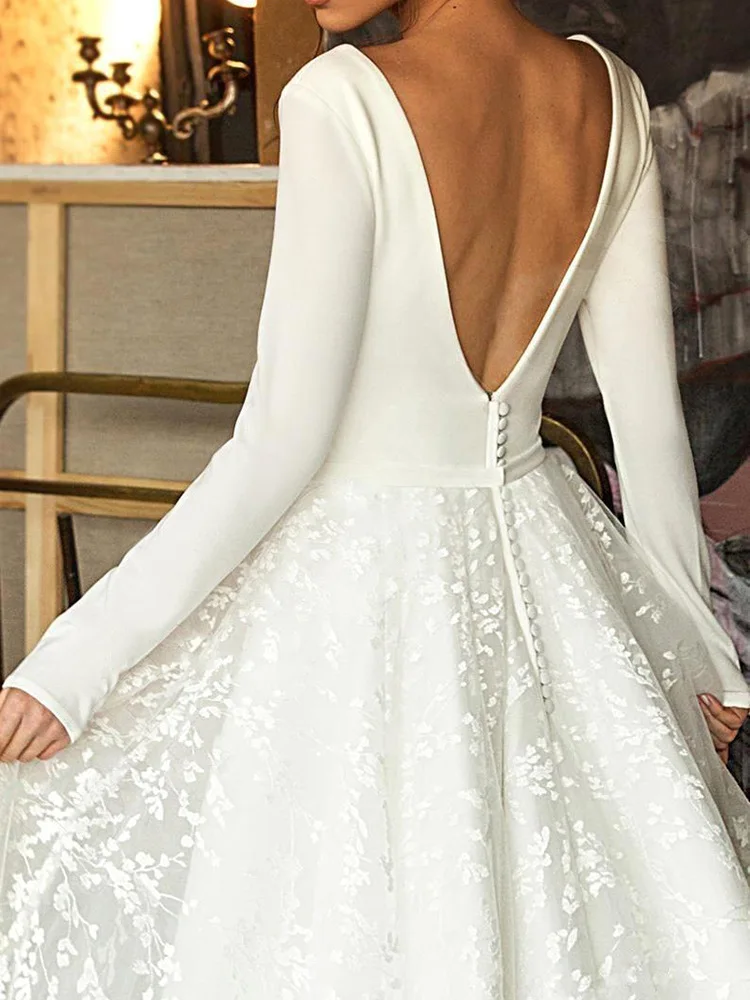 Maßgeschneiderte einfache rückenfreie volle Ärmel Applikationen Tüll Brautkleider für Frauen 2025, Sweep Zug Braut Kleider Vestidos de Novia – Detail 6