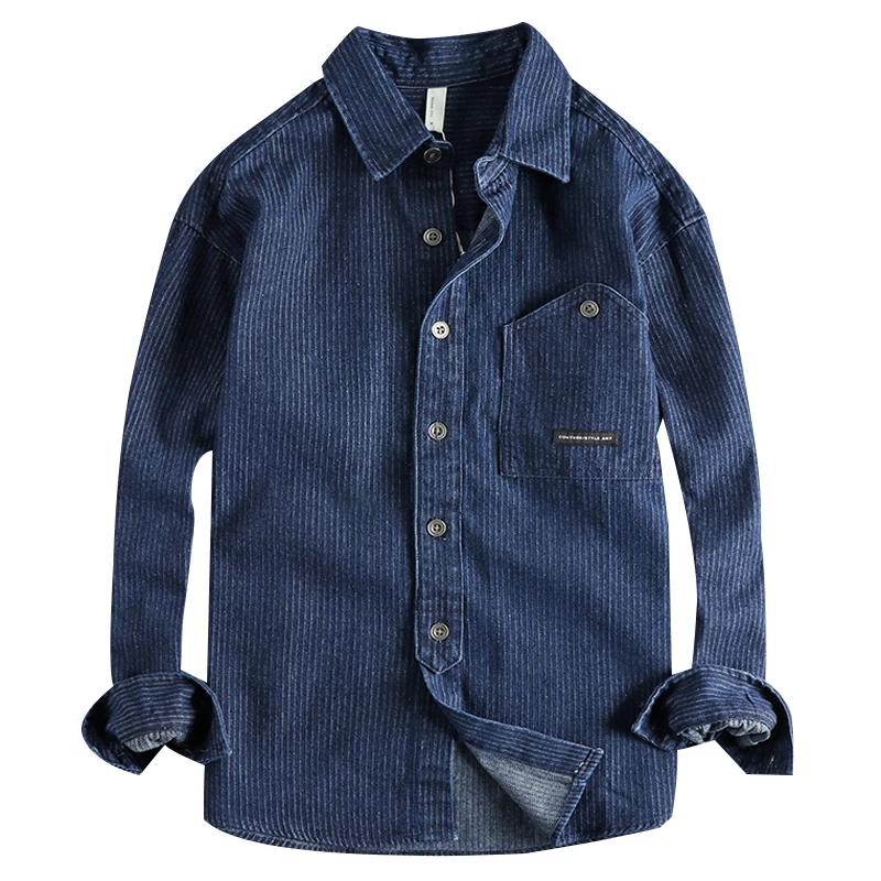Denim Shirt Fashionable men's vintage washed pinstripe denim long-sleeved shirt spring and autumn American cargo casual denim shirt,long sleeved shirt
