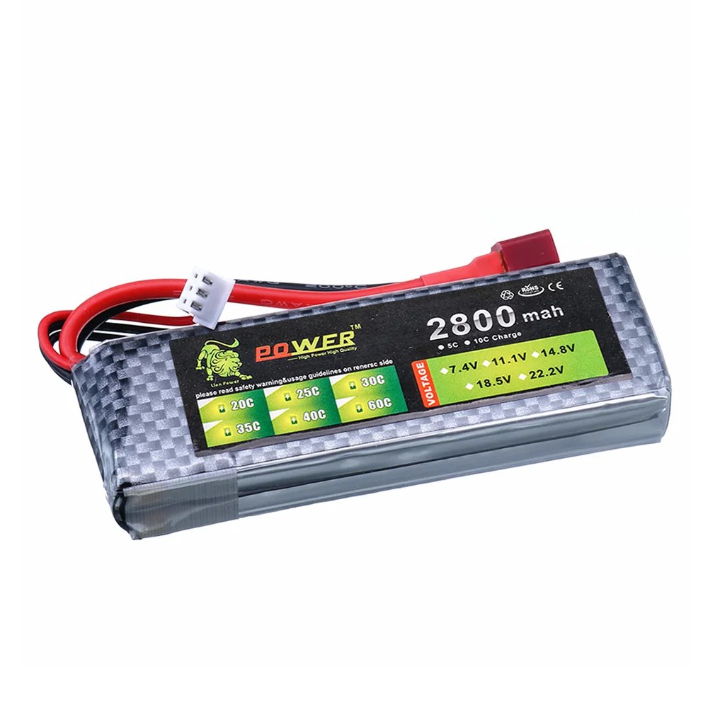 Batterie LiPo rechargeable 2800mAh 7.4V 11.1V 14.8V avec connecteur T ou XT60, étiquette et spécifications visibles