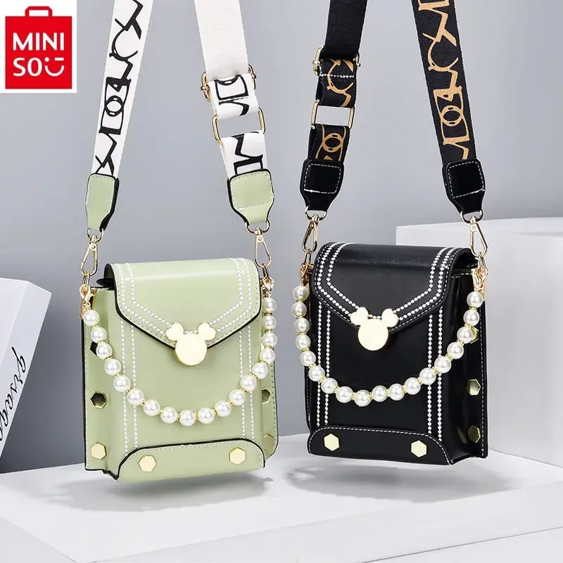 

MINISO Disney Mickey Sweet Lock Buckle Fashion Pearl Pendant Phone Bag Women's Multi functional Storage Small Square Bag