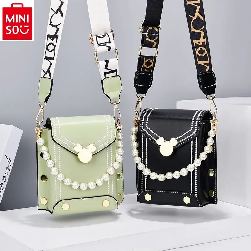 MINISO Disney Mickey Sweet Lock Buckle Fashion Pearl Pendant Phone Bag Women's Multi functional Storage Small Square Bag