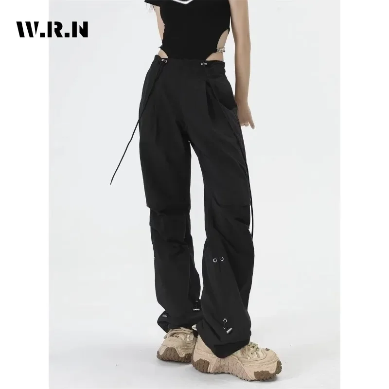 

Женский Повседневный комбинезон в американском стиле ретро, однотонные черные облегающие брюки, Y2k, брюки-карго на шнуровке в стиле хип-хоп