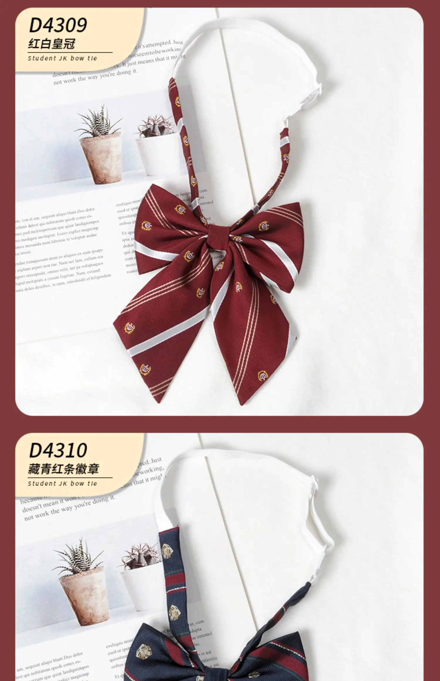 Multiple striped bow ties displayed on white and book background