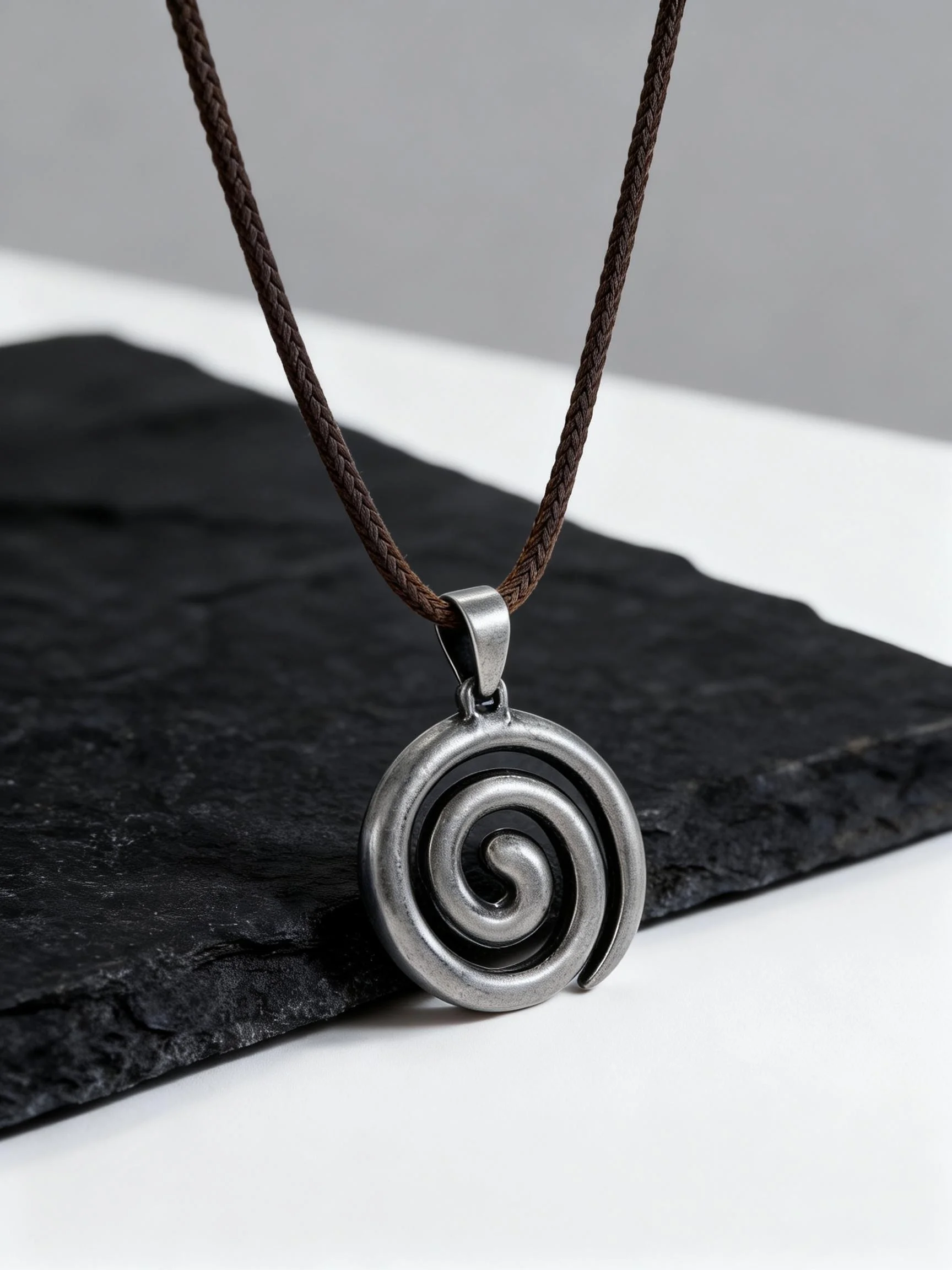 Vintage Herren-Spiralhalskette, grauer Vortex-Anhänger mit braunem Lederseil, Schmuckgeschenk für Ihn und Jungen – Detail 3