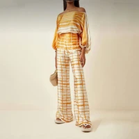 Women Print Satin Outfit Lantern Sleeve Off Shoulder Long Sleeve Blouse Office Lady 2 Piece Sets New Casual Wide Leg Pants Suits - Image 2