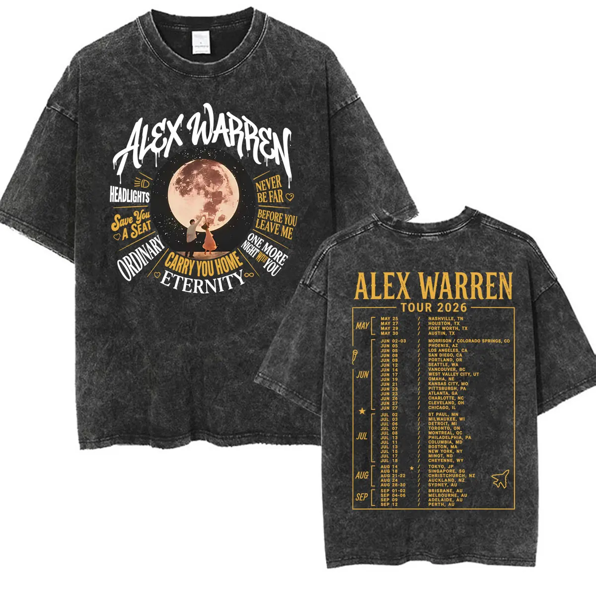 Alex Warren Moon Artwork Musiktour 2026 Vintage Washed T-Shirt für Männer und Frauen, Mode Punk Hip Hop T-Shirts, Sommer-Oberteile, lockeres T-Shirt