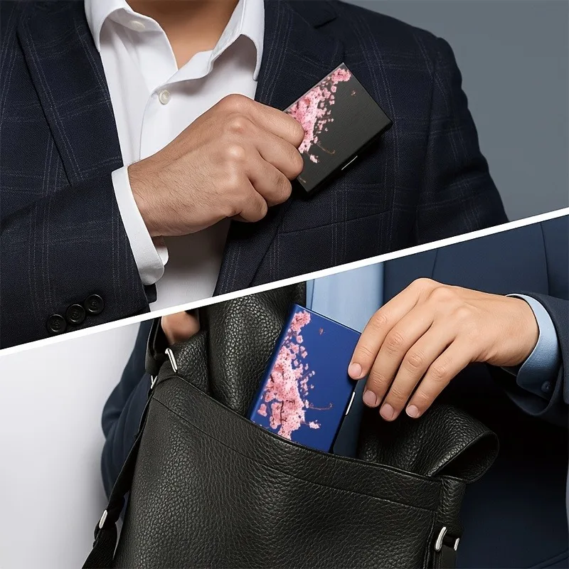 핑크색 벚꽃나무 가지 패턴의 RFID 도난방지 금속 카드 홀더, 남녀공용, 안전하고 세련된 카드 보관함