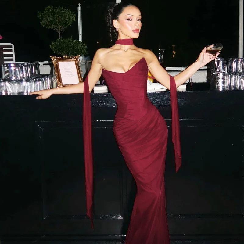 TRAUXY Elegant Two-piece Dress Sets With Scarf Strapless Fishbone Top Long Skirt For Women 2025 Sexy New Slim Party Skirt Set