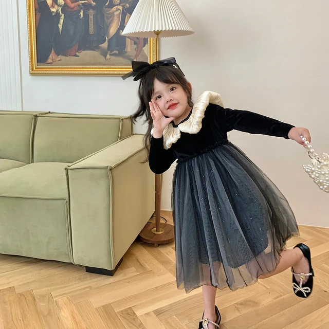 Kids Winter Long Sleeve Dress Girl Fashion Clothes Children Princess Tutu  Black