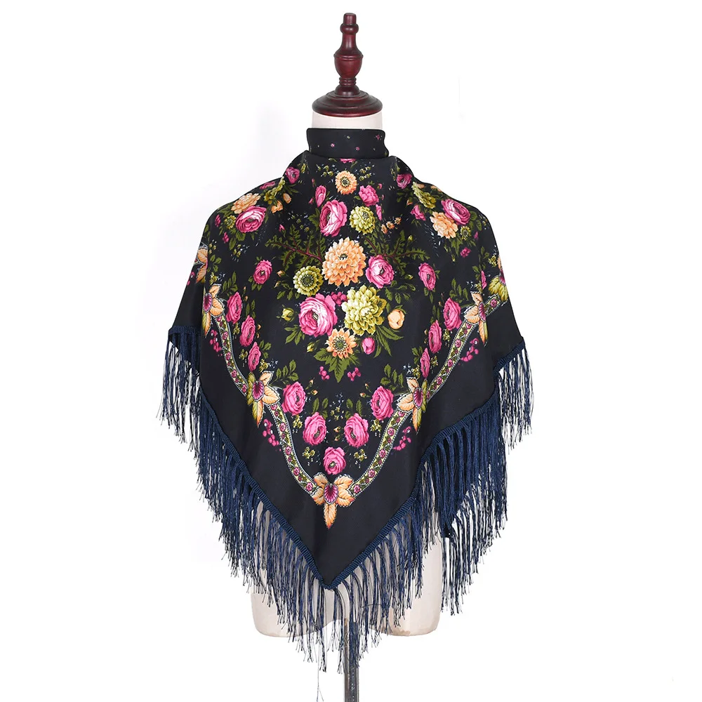 Russian Scarf Shawls Women Fringed Square Bandana Muslim Headscarf Hijab National Floral Blanket Scarves 110x110cm 5
