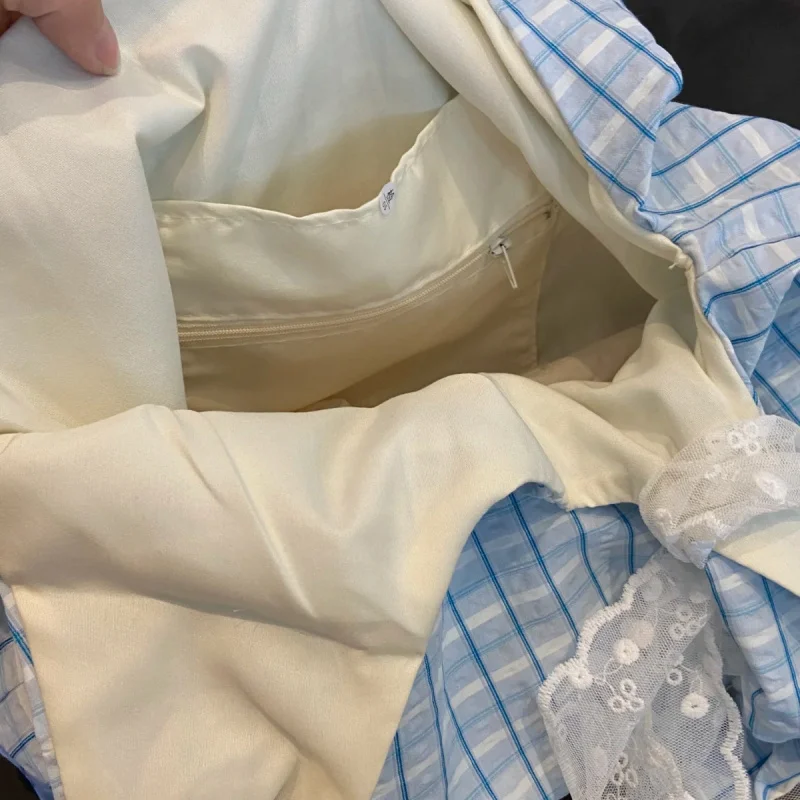 Korean Blue Checkered Canvas Bag, Women'S 2025 New Large Capacity Single Shoulder Tote Bag, College Style Commuting Armpit Bag