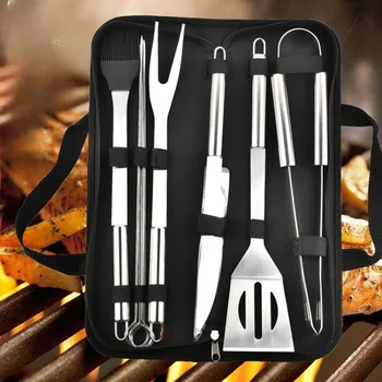 Kit di attrezzi per barbecue portatile da 9 pezzi set per Barbecue con griglia per esterni Set per barbecue spiedino con Clip per spatola con borsa in tessuto di stoccaggio strumenti per grigliare 1