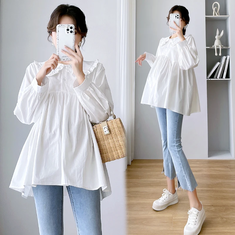Pregnant Women Blouse Cotton Long Sleeves Loose Big Belly Maternity Women Blouse
