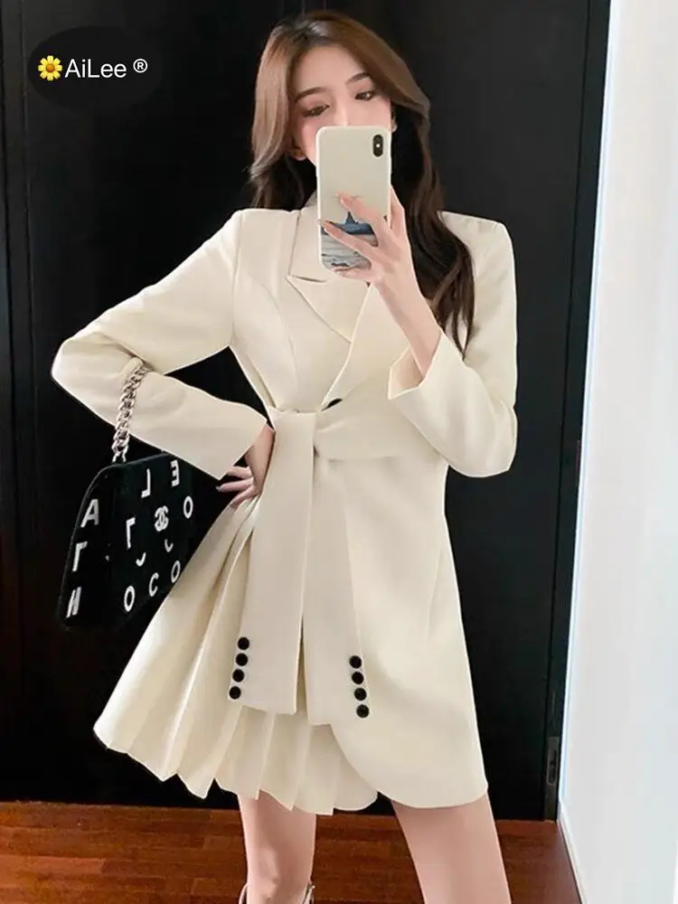 M-4XL Pleated Belt Blazer Suit Skirt Chic Autumn Trendy Women Lapel Tie Wide Loose Fashion Office Apricot Long Sleeve Suit Dress