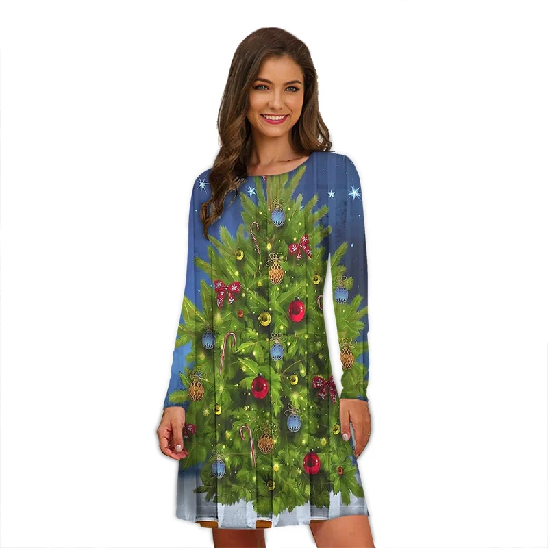 Shiny Christmas Tree Print Dresses For Women Festival Long Sleeve
