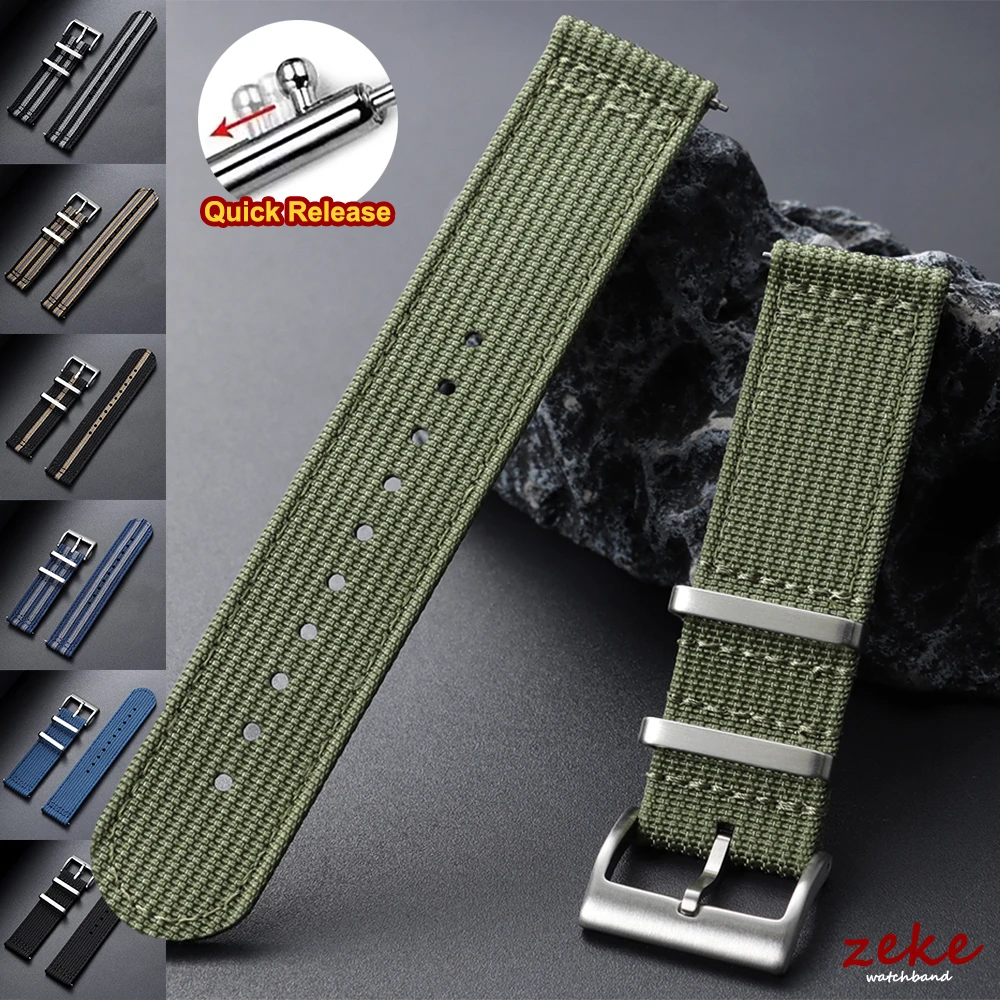 Army Green Ribbed Nylon Quick Release Watch Band - Woven Canvas Fabric Strap for Men's Military Sports Bracelet
