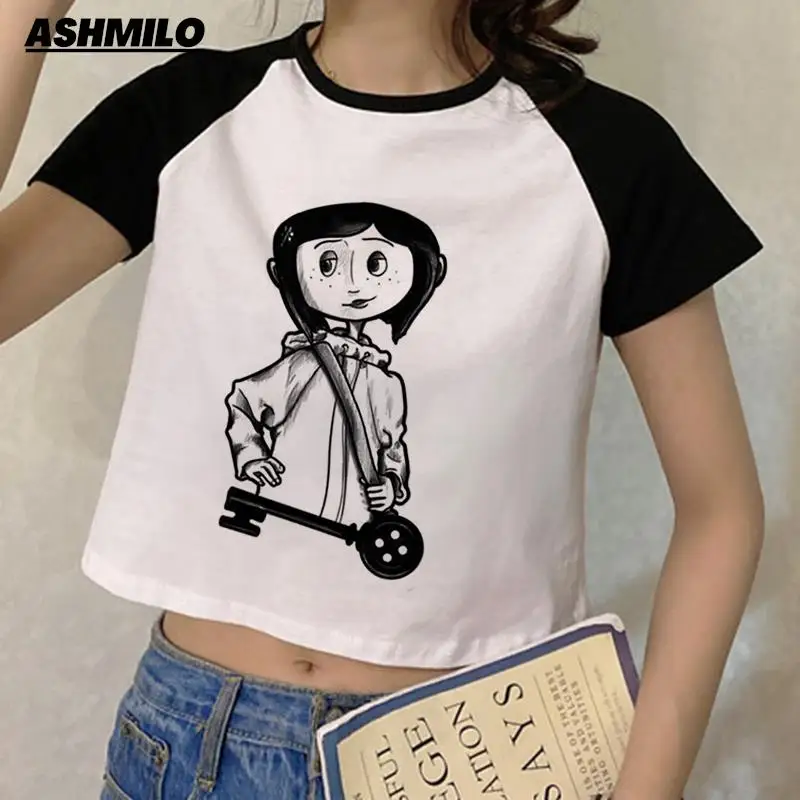 

Women Y2k Print Cartoon Coraline Prints Summer Tops Sexy Graphics Baby Tee Harajuku Street Short Sleeve Skinny T-shirt Crop Tops