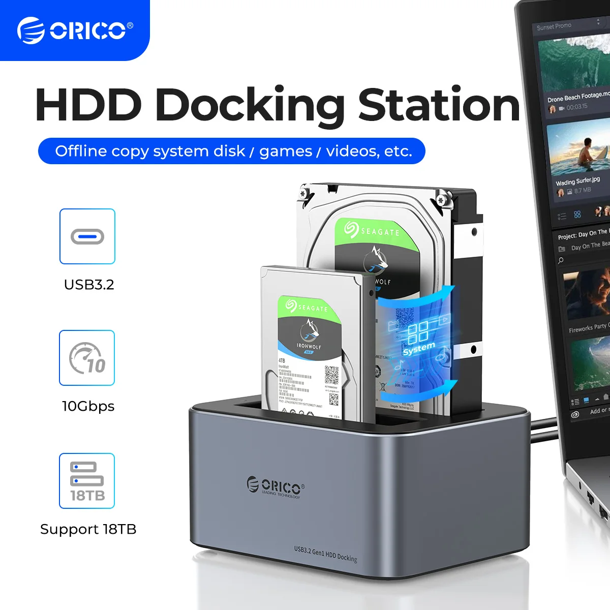 Orico-estação de Disco Rígido de Baía Dupla de Alumínio com Clone Offline Caixa Hdd Dissipação de Calor Mais Forte Tipo-c 10gbps 2.5 3.5