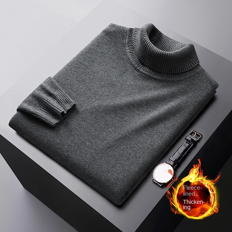 Winter Thermal Turtleneck Sweater Men's Fleece-lined Cold-Resistant High-End All-Match Stretch Casual Fashion Thickened Solid Co 3