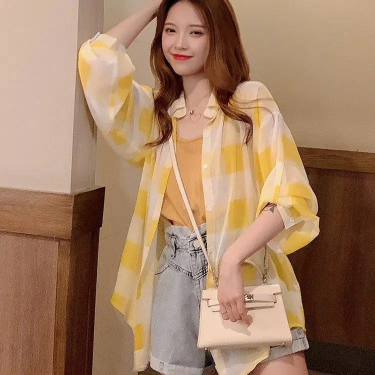 

2024 Summer Fashion Ladies Plaid Print Cardigan Tops Women Beach Outwear Casual Polo Neck Sleeve Sunscreen Shirt Ladies R53