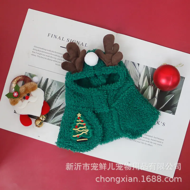 Christmas Dog Cape Santa Cloak with Deer Antler Puppy Warm Clothes Festival Costume Cute Christmas Poncho for Cats and Dogs