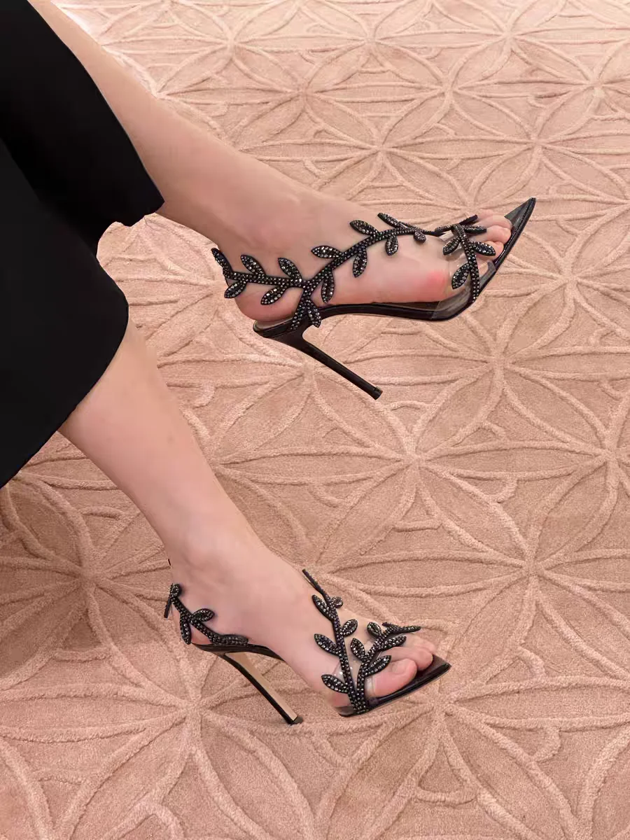 Neue Sommer frauen hochhackigen Sandalen Spitz Strass Blatt Stiletto Sandalen Temperament Mode High Heels – Detail 23